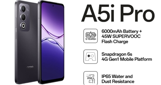 OPPO A5i Pro sở hữu viên pin 6.000mAh, kháng nước IP65 và camera 50MP